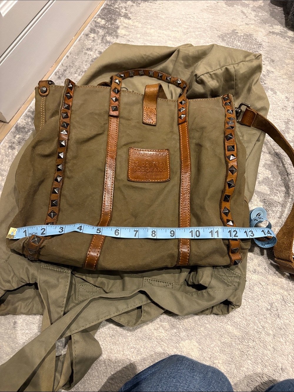 Campomaggi Olive Canvas Tote with Brown Leather Trim and Stud Accents - Picture 9 of 9
